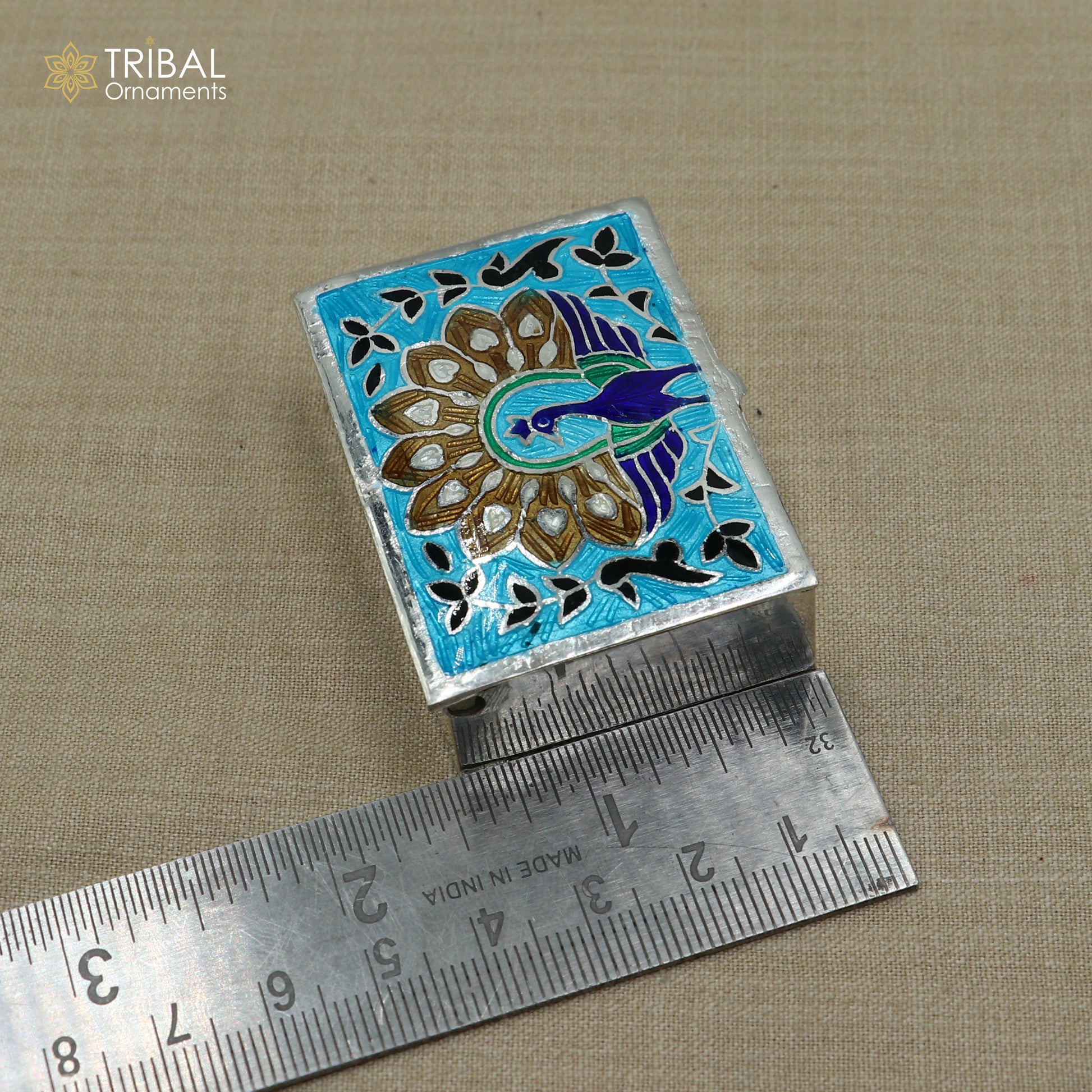 925 sterling silver minakari peacock design trinket ,casket,container, Sindoor box brides jewelry stb870 - TRIBAL ORNAMENTS