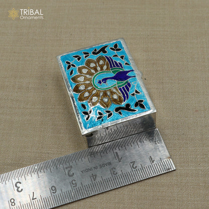925 sterling silver minakari peacock design trinket ,casket,container, Sindoor box brides jewelry stb870 - TRIBAL ORNAMENTS
