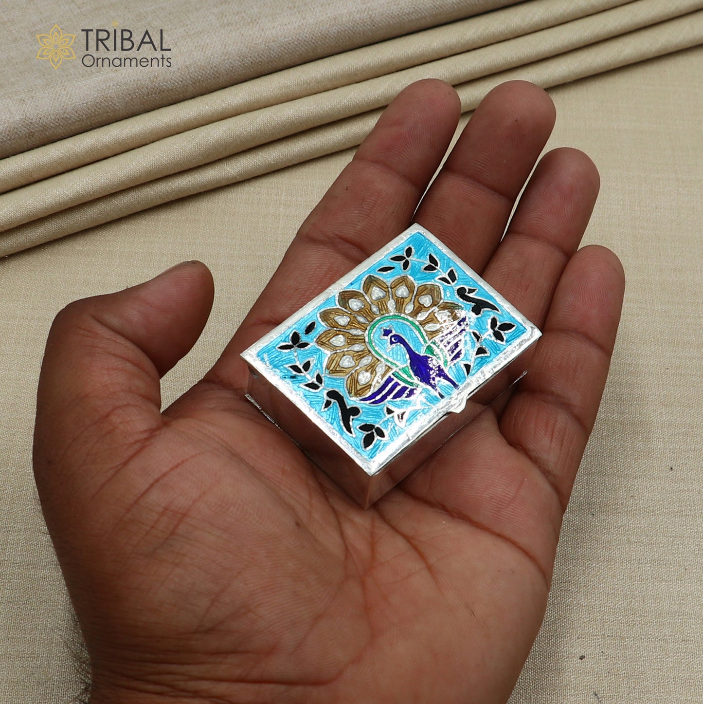 925 sterling silver minakari peacock design trinket ,casket,container, Sindoor box brides jewelry stb870 - TRIBAL ORNAMENTS