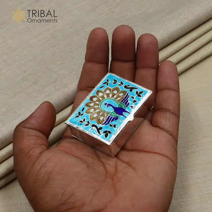 925 sterling silver minakari peacock design trinket ,casket,container, Sindoor box brides jewelry stb870 - TRIBAL ORNAMENTS