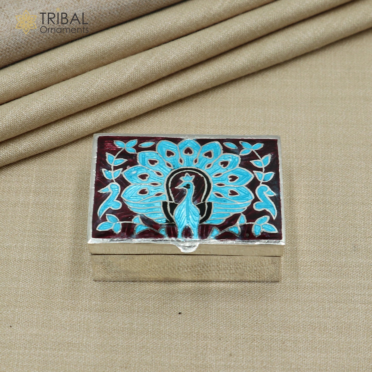 925 sterling silver minakari peacock design trinket ,casket, container, Sindoor box brides jewelry stb871 - TRIBAL ORNAMENTS