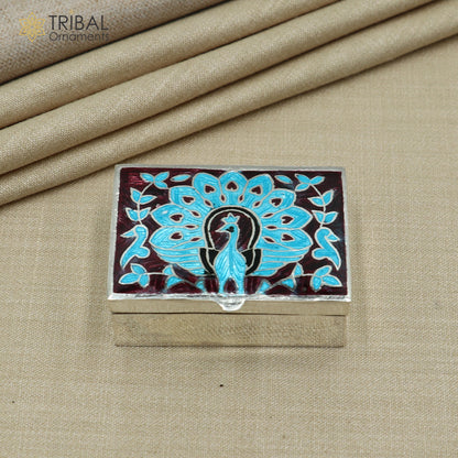 925 sterling silver minakari peacock design trinket ,casket, container, Sindoor box brides jewelry stb871 - TRIBAL ORNAMENTS
