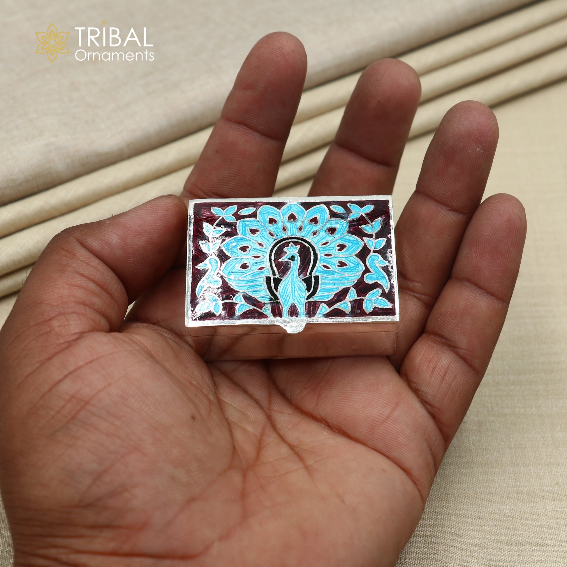 925 sterling silver minakari peacock design trinket ,casket, container, Sindoor box brides jewelry stb871 - TRIBAL ORNAMENTS