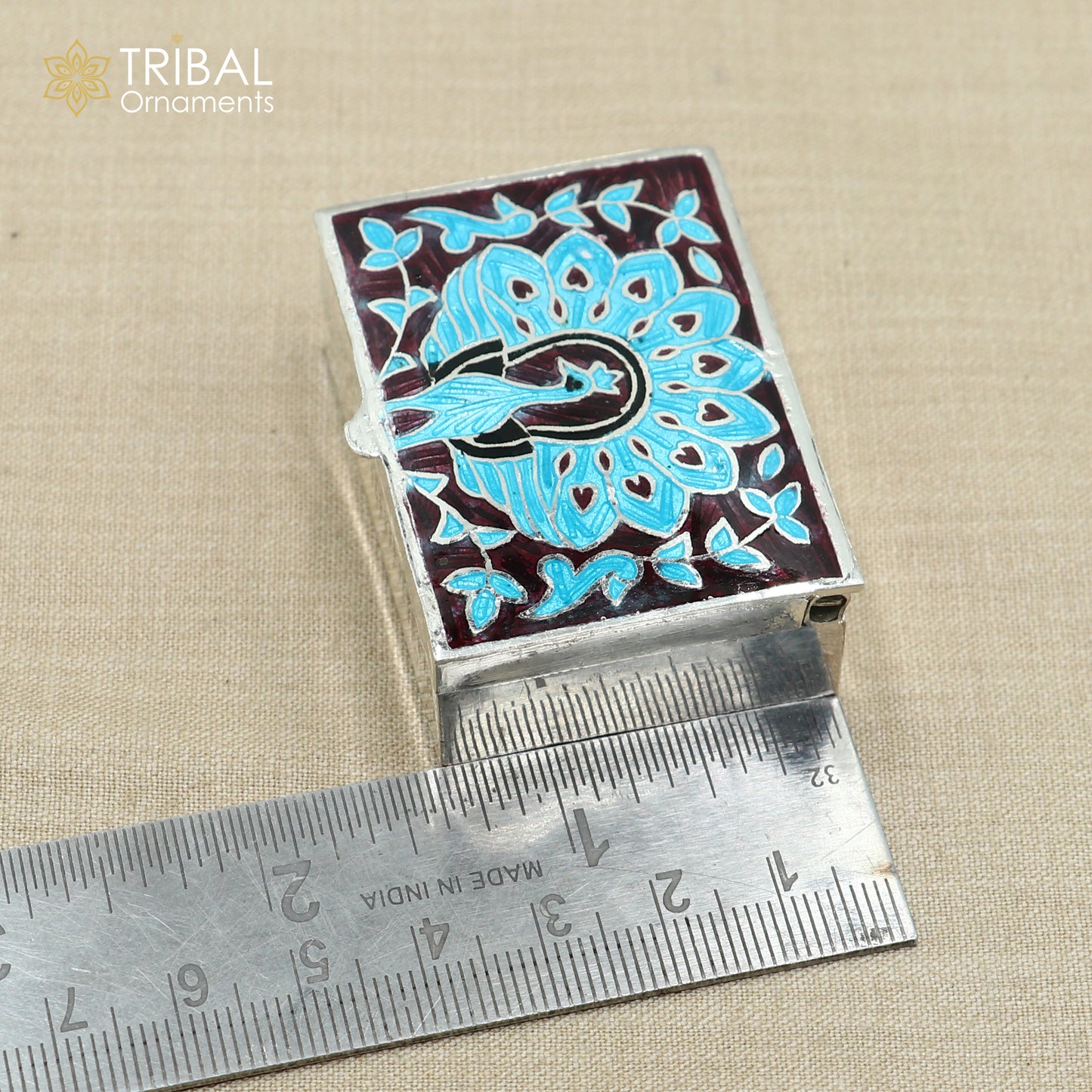 925 sterling silver minakari peacock design trinket ,casket, container, Sindoor box brides jewelry stb871 - TRIBAL ORNAMENTS
