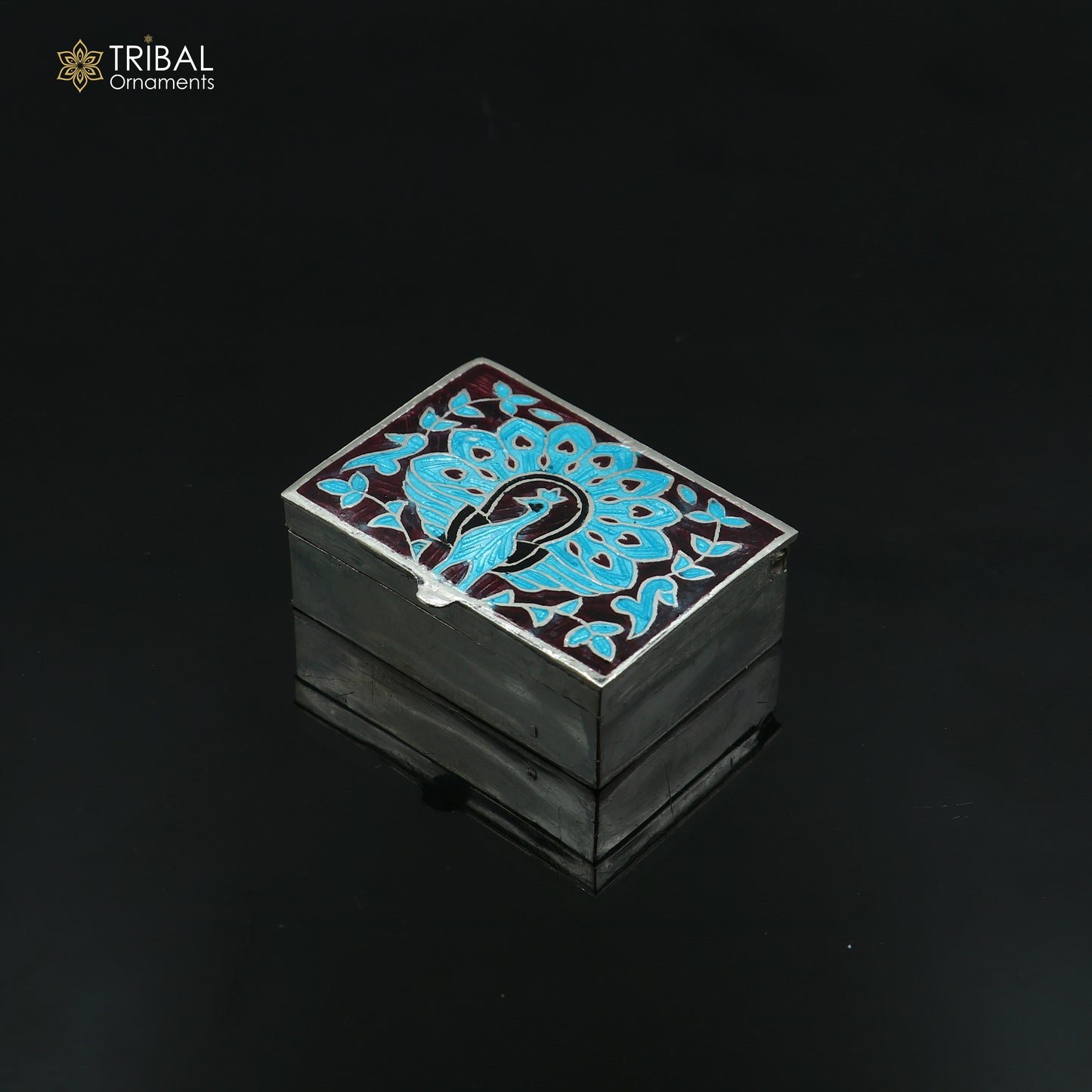 925 sterling silver minakari peacock design trinket ,casket, container, Sindoor box brides jewelry stb871 - TRIBAL ORNAMENTS