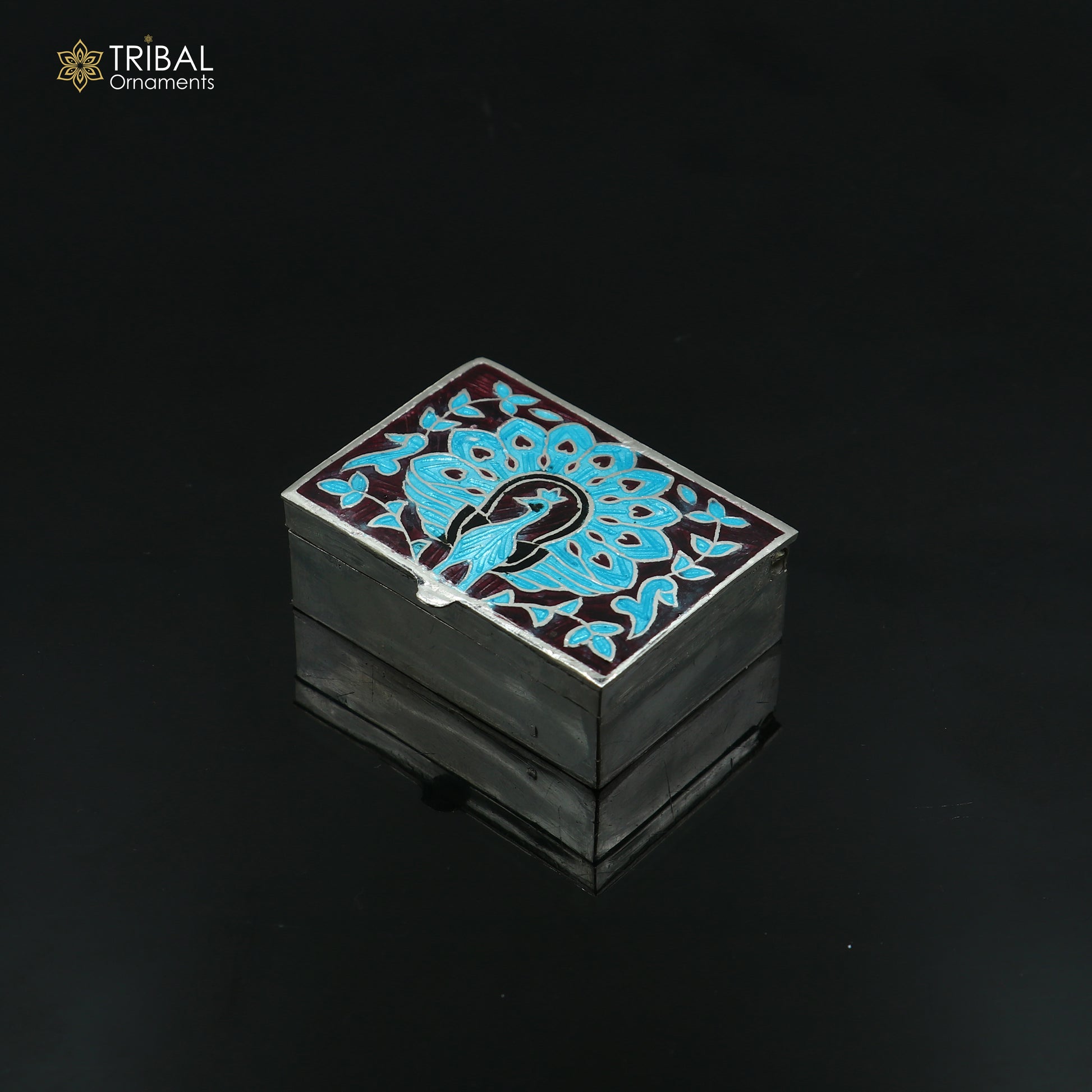 925 sterling silver minakari peacock design trinket ,casket, container, Sindoor box brides jewelry stb871 - TRIBAL ORNAMENTS