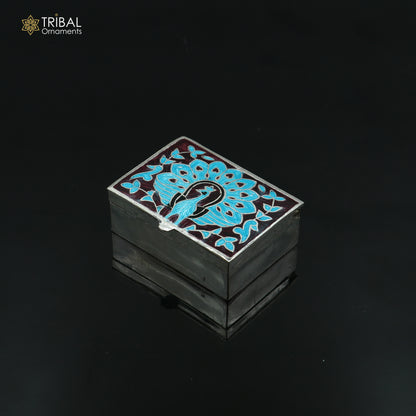 925 sterling silver minakari peacock design trinket ,casket, container, Sindoor box brides jewelry stb871 - TRIBAL ORNAMENTS