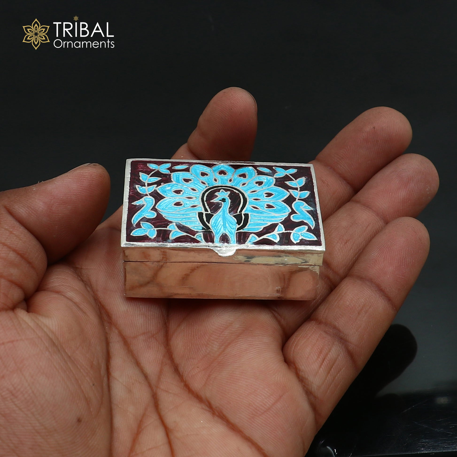 925 sterling silver minakari peacock design trinket ,casket, container, Sindoor box brides jewelry stb871 - TRIBAL ORNAMENTS