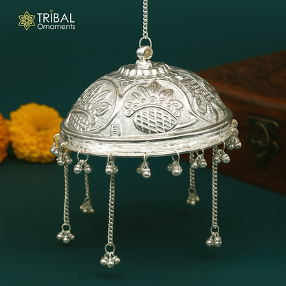 Sterling silver Nakshi work chattar or chhatra with temple art design, featuring traditional umbrella shape from Tribal Ornaments.