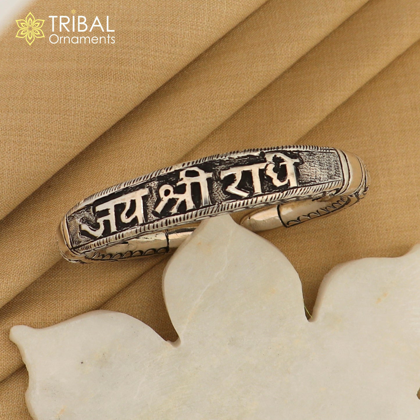 925 Sterling silver Nakshi work "Jai Shree Radhe" Goddess Radha mantra bracelet kada divine unisex tribal ethnic jewelry nsk654 - TRIBAL ORNAMENTS