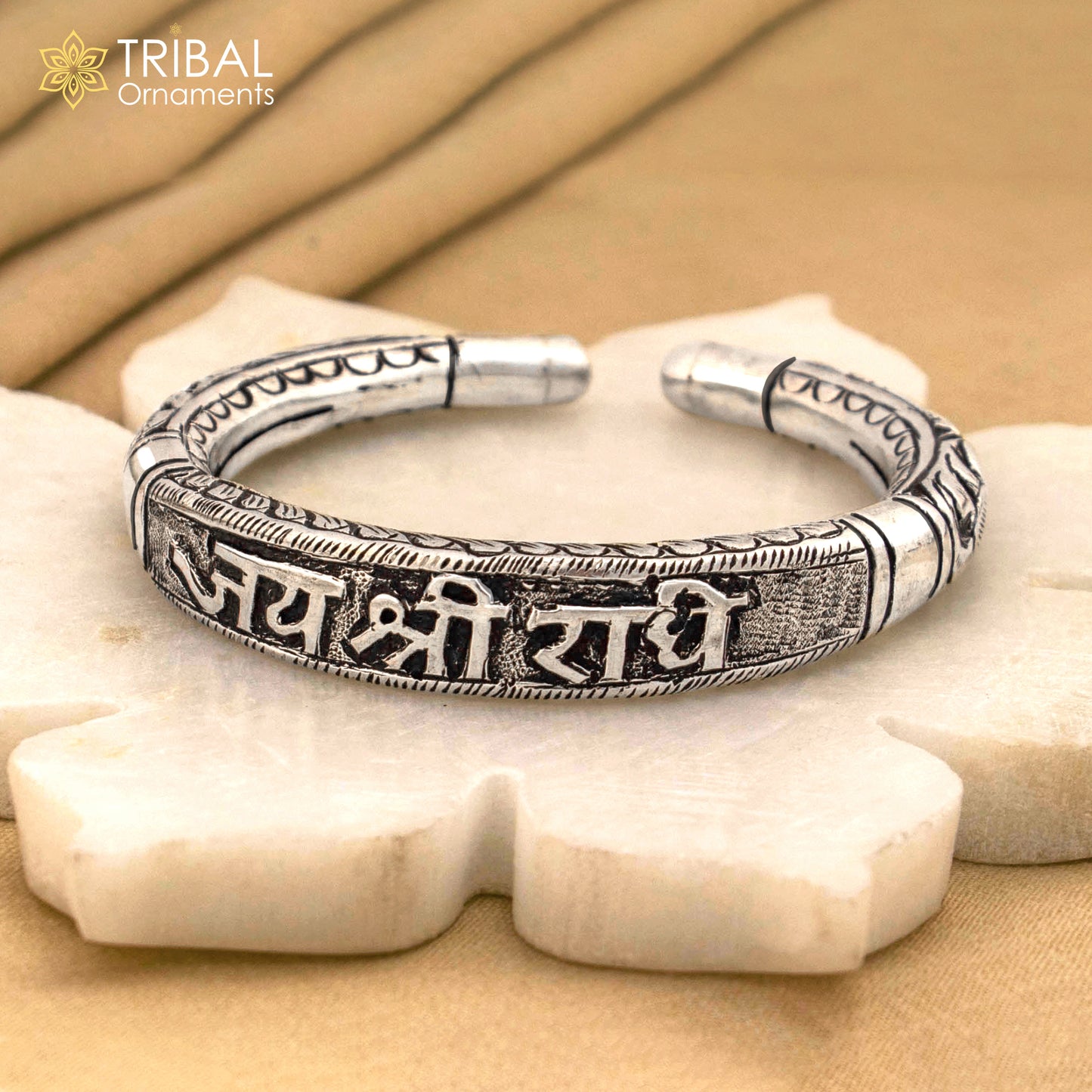 925 Sterling silver Nakshi work "Jai Shree Radhe" Goddess Radha mantra bracelet kada divine unisex tribal ethnic jewelry nsk654 - TRIBAL ORNAMENTS