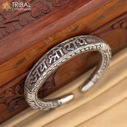 925 Sterling silver Nakshi work "Jai Shree Radhe" Goddess Radha mantra bracelet kada divine unisex tribal ethnic jewelry nsk654 - TRIBAL ORNAMENTS