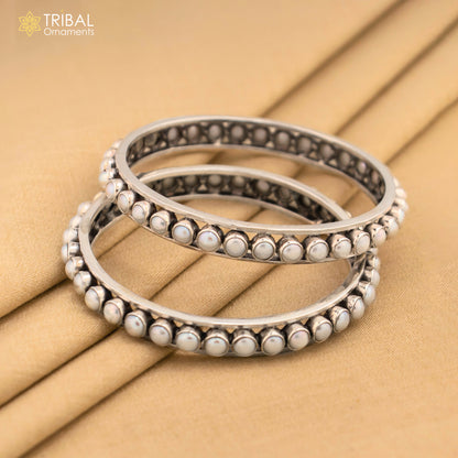 Sterling silver tribal bangle with natural pearl stone, stylish and customized tribal jewelry by TRIBAL ORNAMENTS.