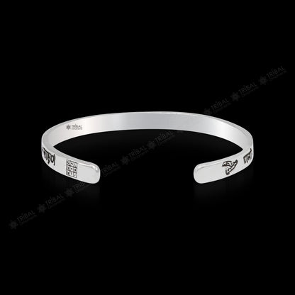 925 Sterling Silver Navkar Mantra Cuff Bracelet by TRIBAL ORNAMENTS, handmade unisex tribal jewelry with spiritual Jain design.