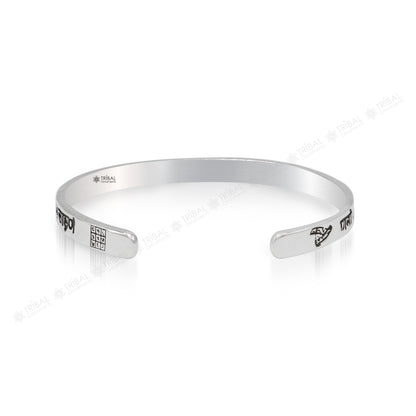 925 Sterling Silver Navkar Mantra cuff bracelet by Tribal Ornaments, handmade unisex tribal bangle with spiritual Jain design.