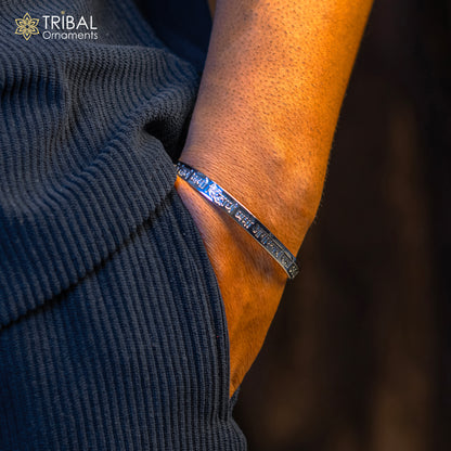 Unisex 925 Sterling Silver Navkar Mantra cuff bracelet with tribal design, handmade Jain jewelry, suitable as a spiritual gift.
