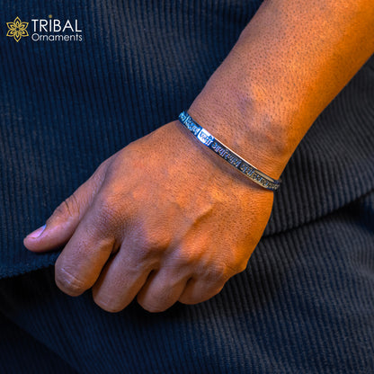 925 Sterling Silver Navkar Mantra Cuff Bracelet by Tribal Ornaments, handmade unisex tribal bangle with spiritual Jain design.