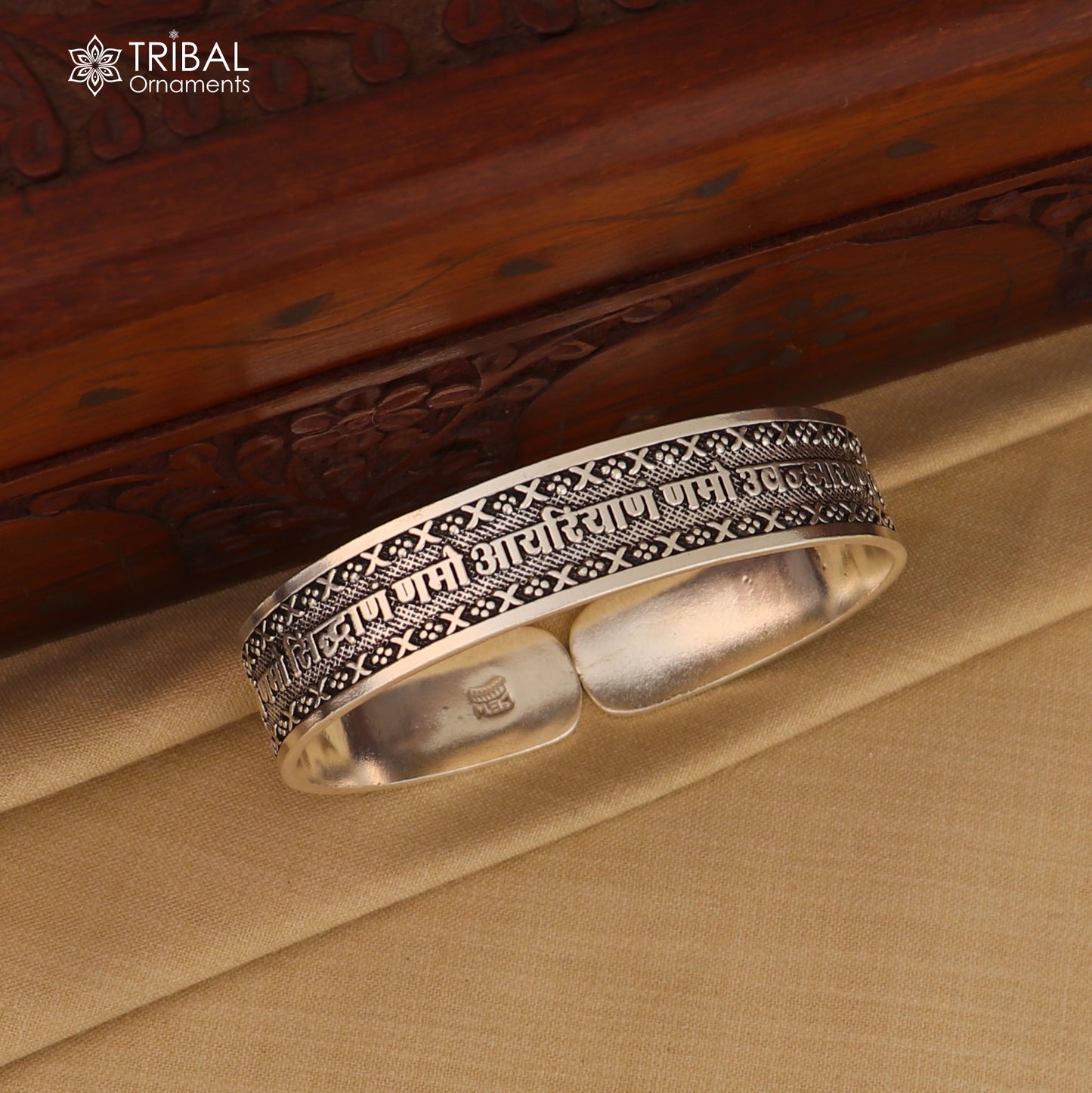 Unisex 925 sterling silver Navkar Mantra bangle cuff bracelet from TRIBAL ORNAMENTS, featuring intricate engraved script design.