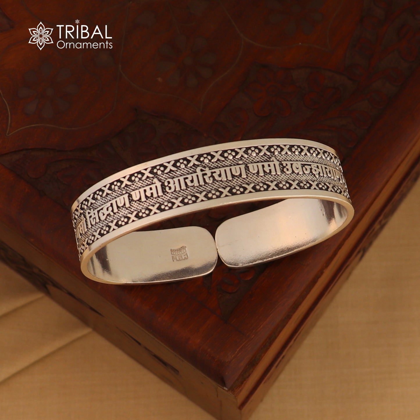 Unisex 925 sterling silver Navkar Mantra bangle cuff bracelet by Tribal Ornaments, featuring intricate engraved spiritual design.
