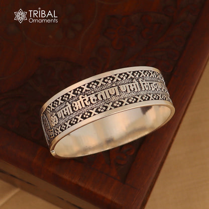 925 sterling silver Navkar Mantra bangle cuff for unisex jewelry, tribal-inspired silver kada bracelet featuring engraved religious symbols.