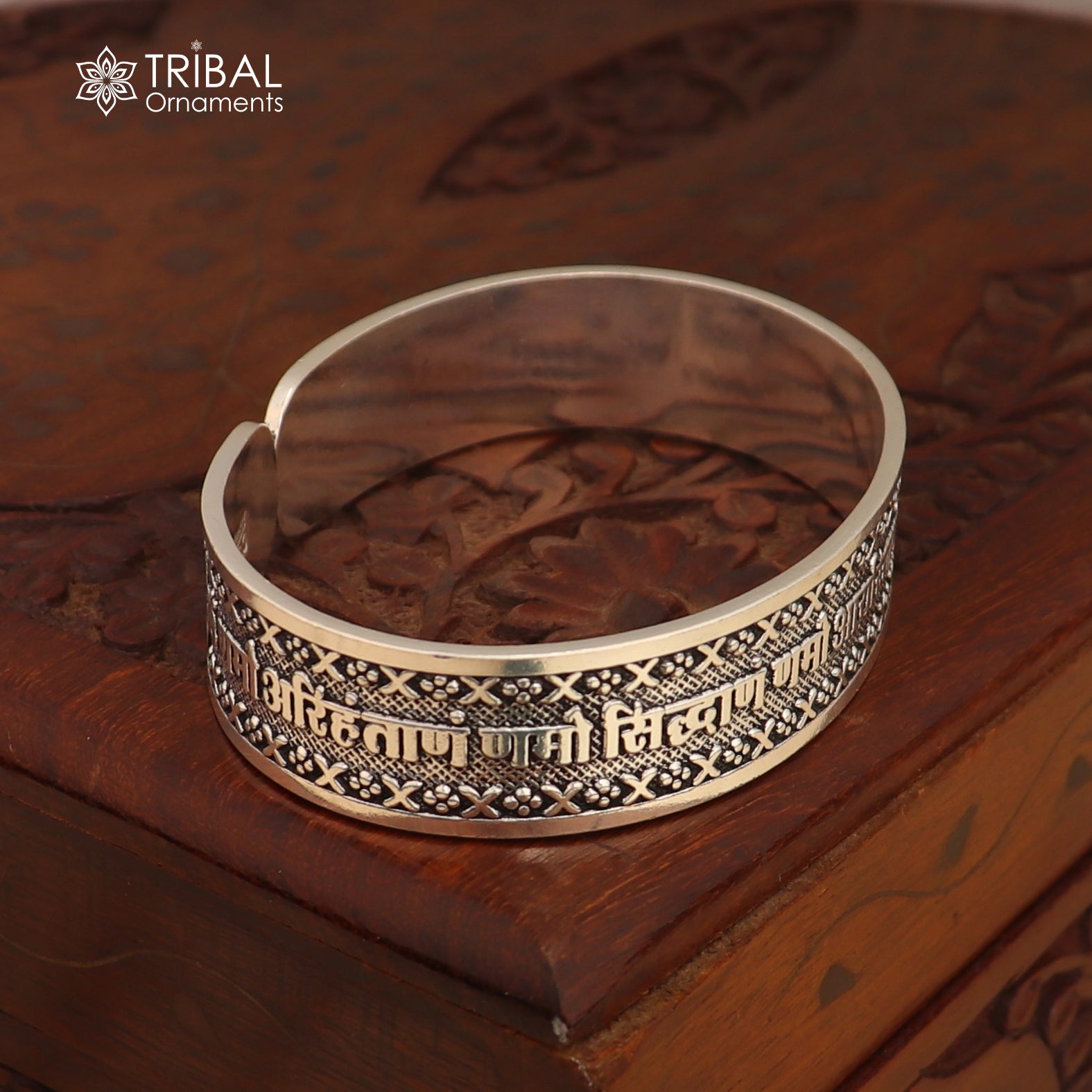 Unisex 925 sterling silver Navkar Mantra bangle cuff bracelet with engraved spiritual symbols for tribal jewelry style.
