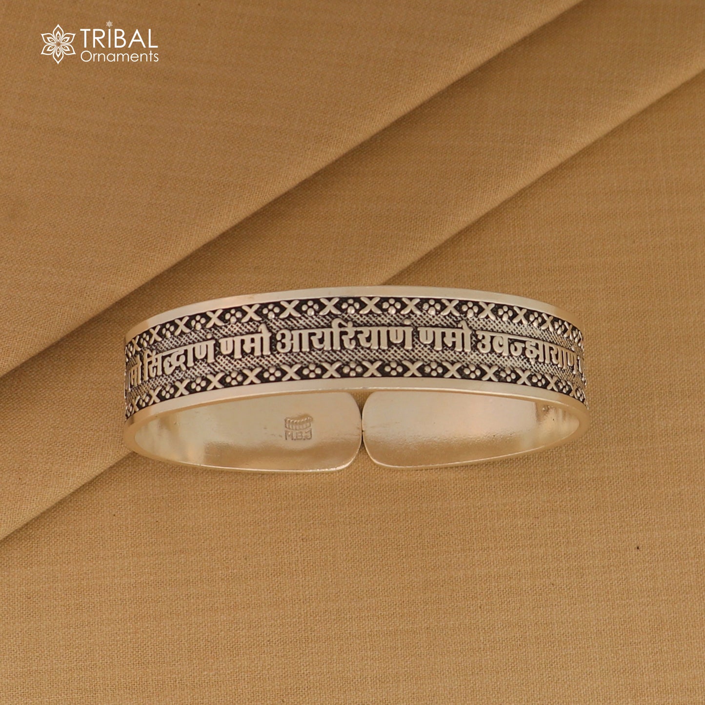 Unisex 925 sterling silver Navkar Mantra bangle cuff bracelet with engraved script, handcrafted tribal jewelry by TRIBAL ORNAMENTS.