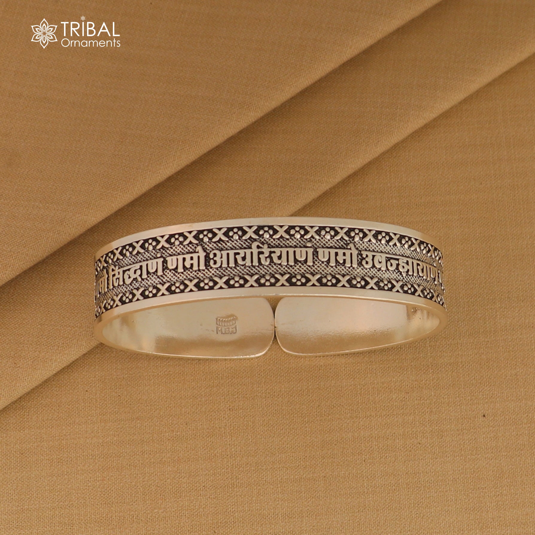 Unisex 925 sterling silver Navkar Mantra bangle cuff bracelet with engraved script, handcrafted tribal jewelry by TRIBAL ORNAMENTS.