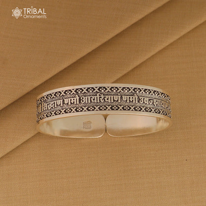Unisex 925 sterling silver Navkar Mantra bangle cuff bracelet with engraved script, handcrafted tribal jewelry by TRIBAL ORNAMENTS.