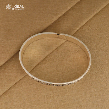 925 Sterling Silver Navkar Mantra bangle cuff for unisex jewelry by TRIBAL ORNAMENTS, featuring engraved spiritual script.