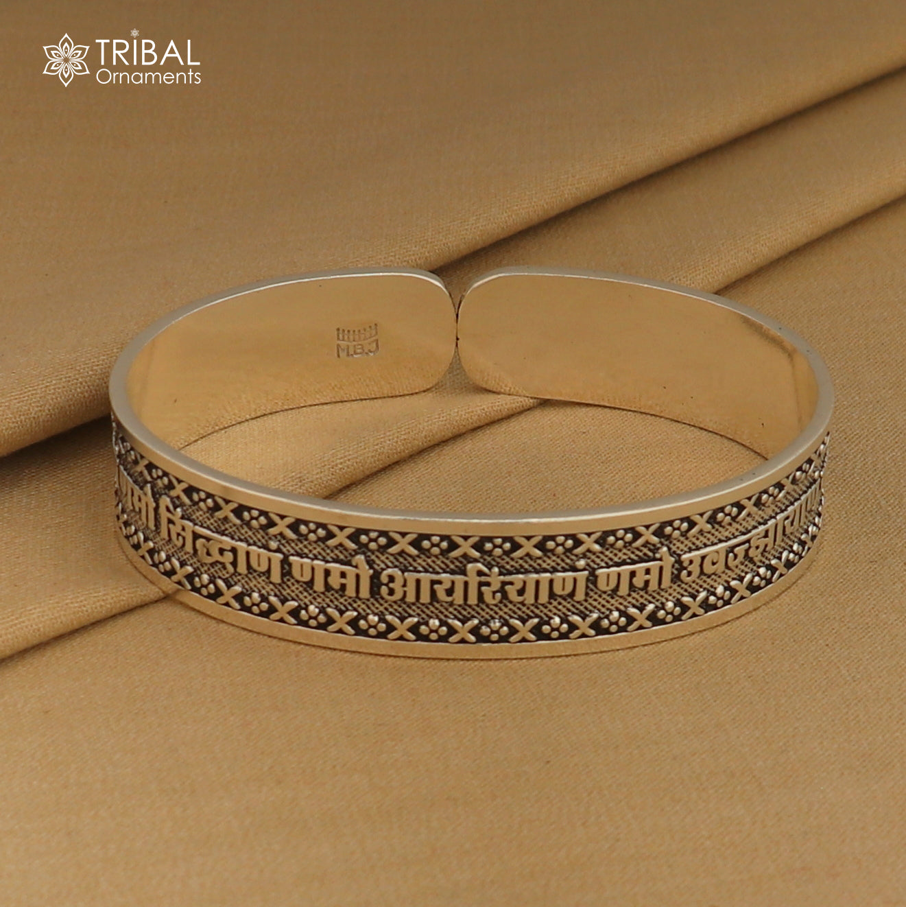 925 sterling silver Navkar Mantra bangle cuff for unisex jewelry, featuring intricate tribal design from TRIBAL ORNAMENTS.