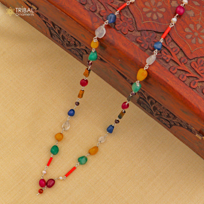 925 sterling silver Navratna chain necklace for unisex jewelry, featuring colorful gemstones and intricate design by TRIBAL ORNAMENTS