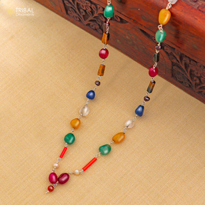 Sterling silver Navratna chain necklace for unisex jewelry by TRIBAL ORNAMENTS, featuring colorful Navratna stones.