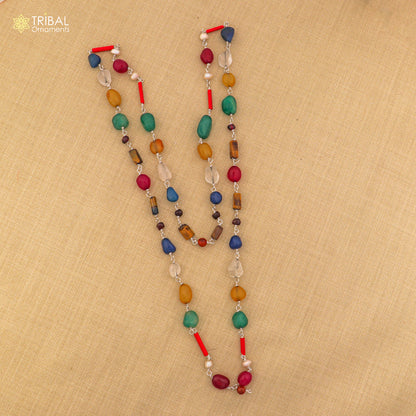 925 sterling silver Navratna chain necklace for unisex jewelry by TRIBAL ORNAMENTS, featuring colorful Navratna gemstones.