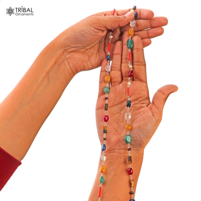925 sterling silver Navratna chain necklace for unisex jewelry by TRIBAL ORNAMENTS, featuring colorful Navratna gemstones.