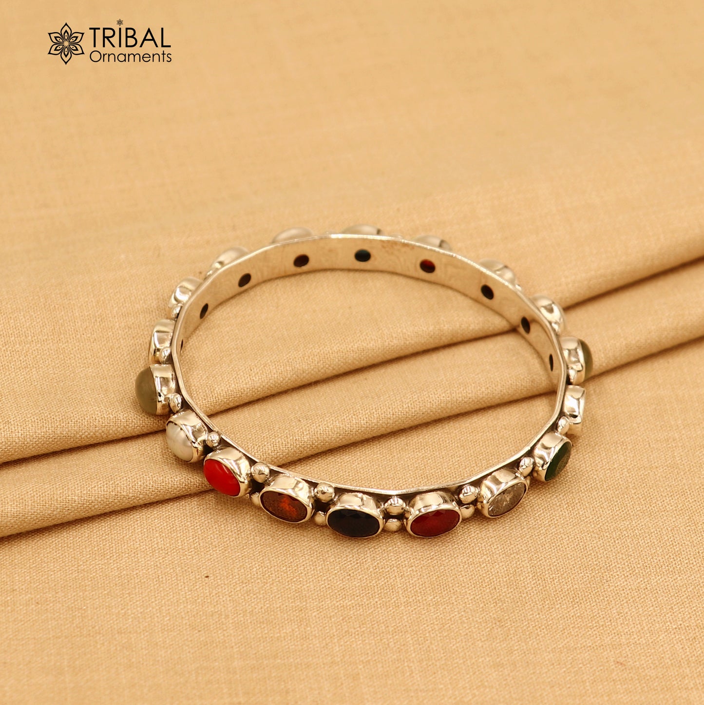 925 sterling silver navratna stone bangle bracelet kada women jewelry ba442 - TRIBAL ORNAMENTS