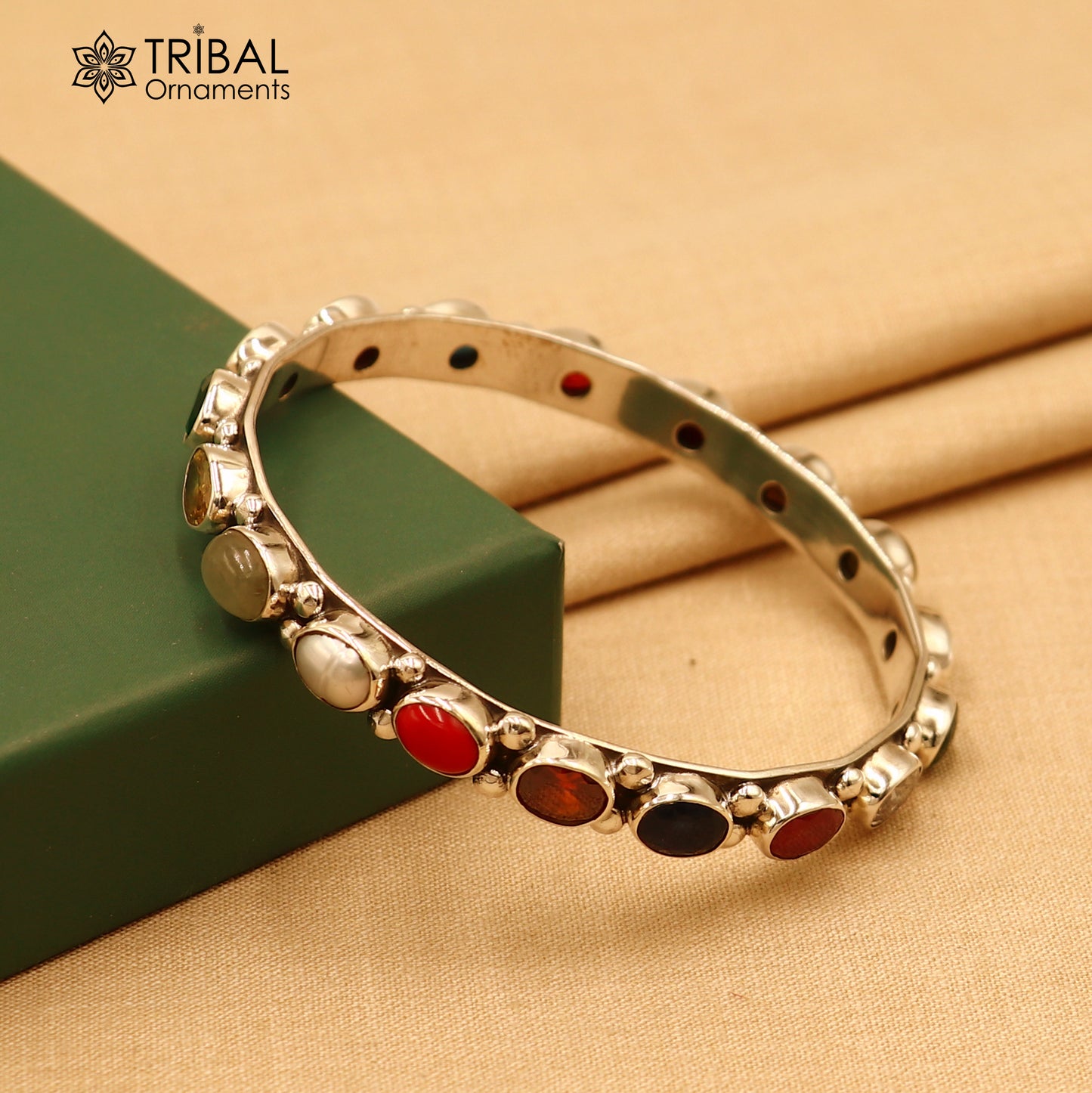 925 sterling silver navratna stone bangle bracelet kada women jewelry ba442 - TRIBAL ORNAMENTS
