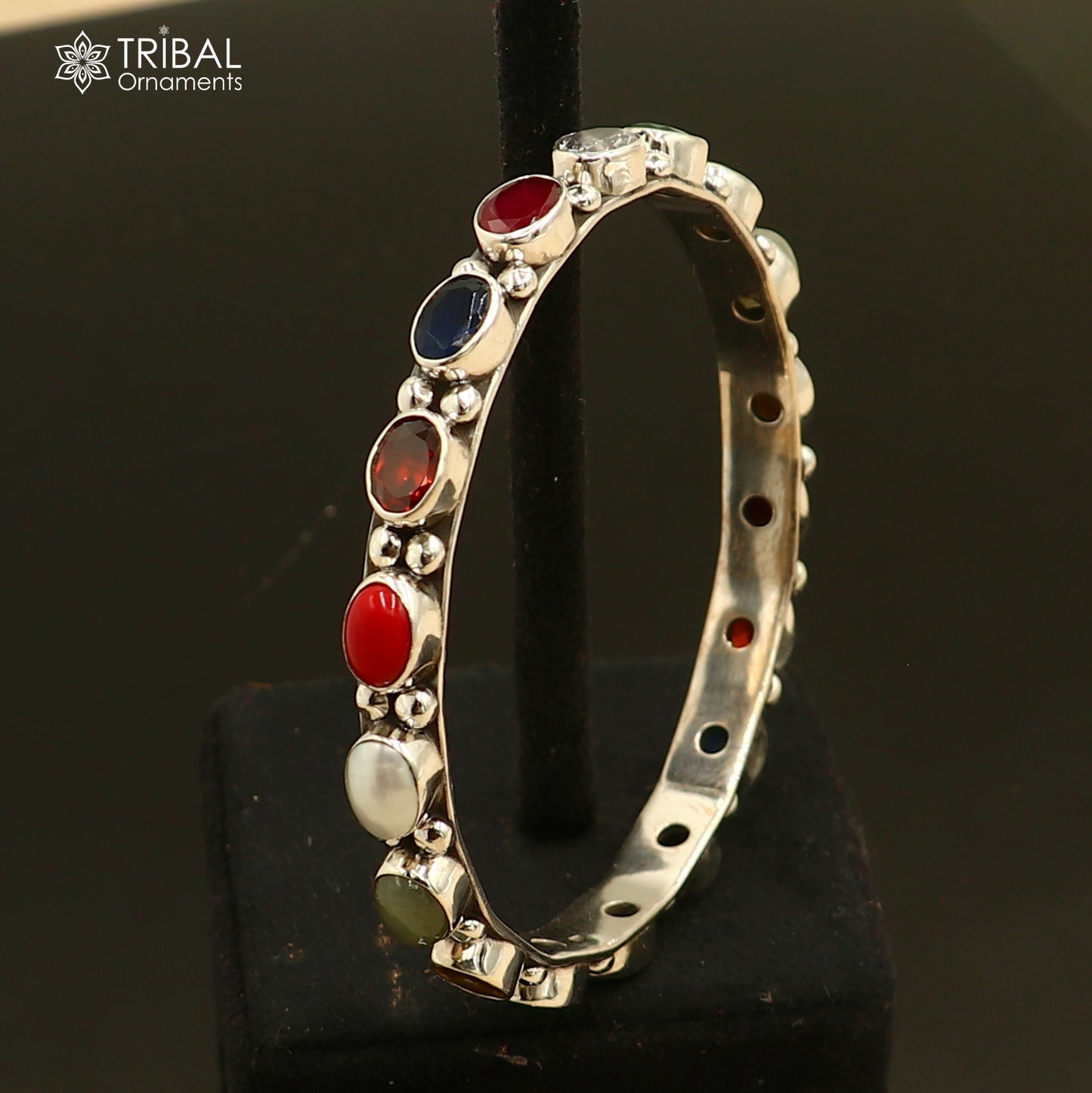 925 sterling silver navratna stone bangle bracelet kada women jewelry ba442 - TRIBAL ORNAMENTS