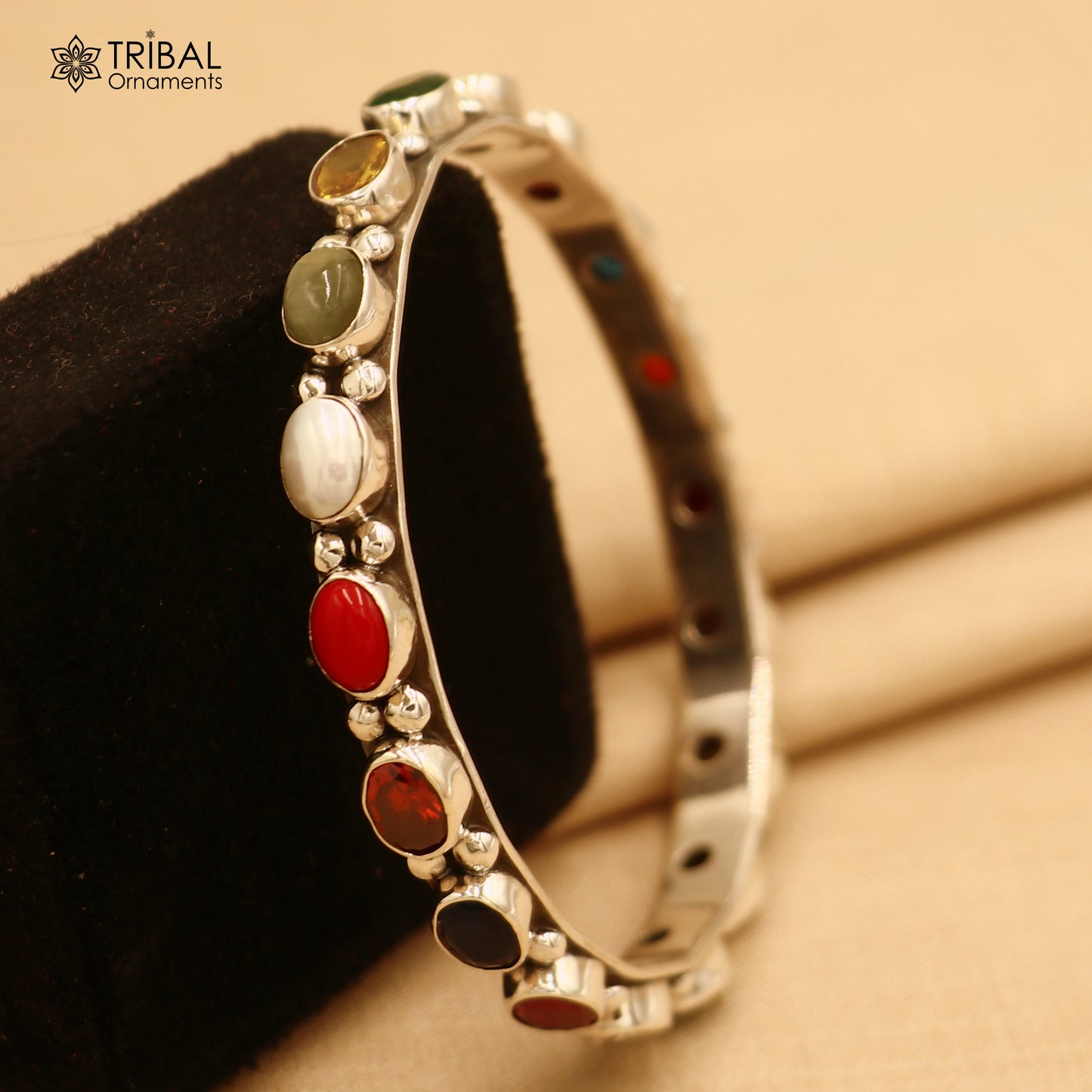925 sterling silver navratna stone bangle bracelet kada women jewelry ba442 - TRIBAL ORNAMENTS