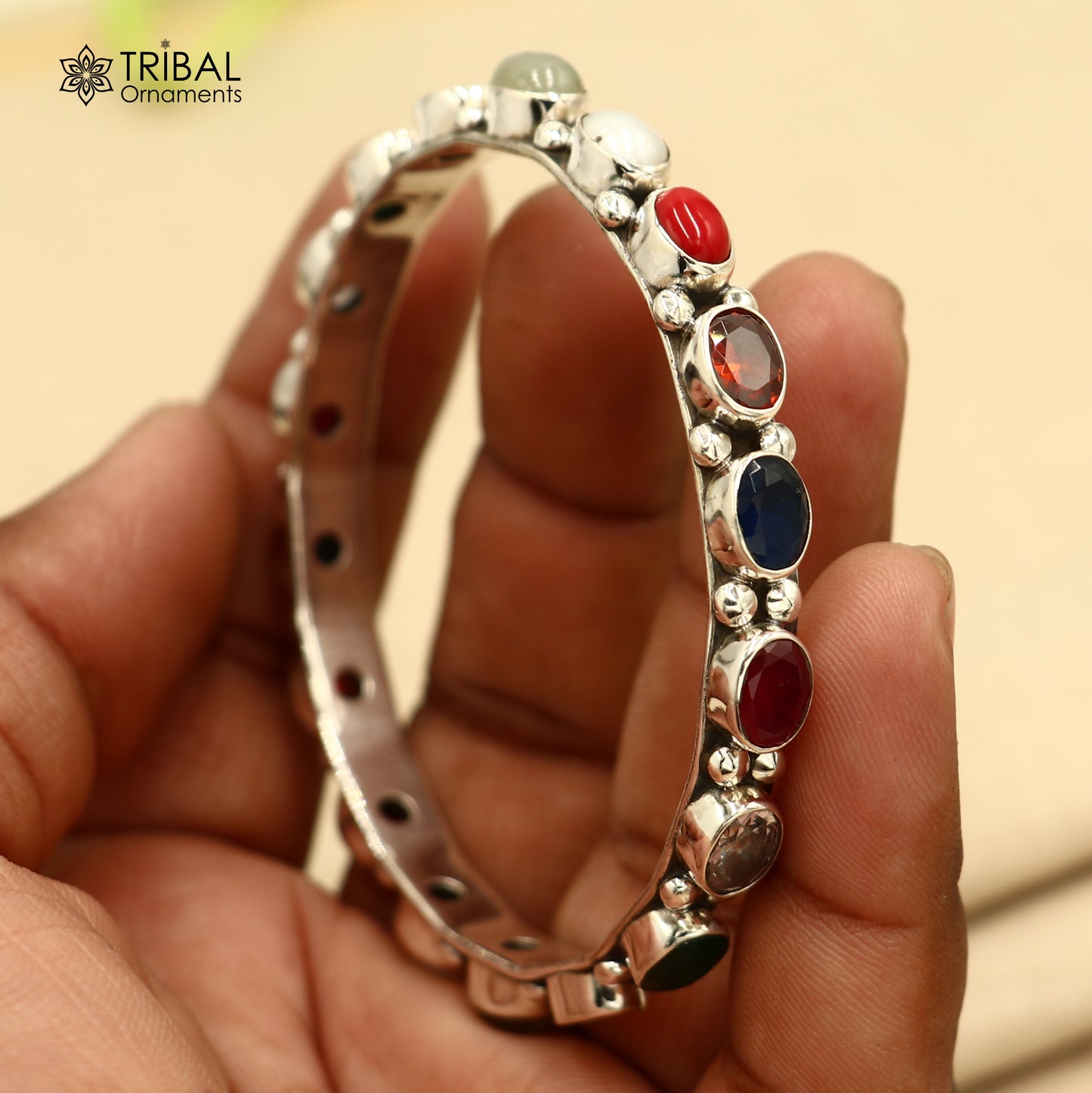 925 sterling silver navratna stone bangle bracelet kada women jewelry ba442 - TRIBAL ORNAMENTS