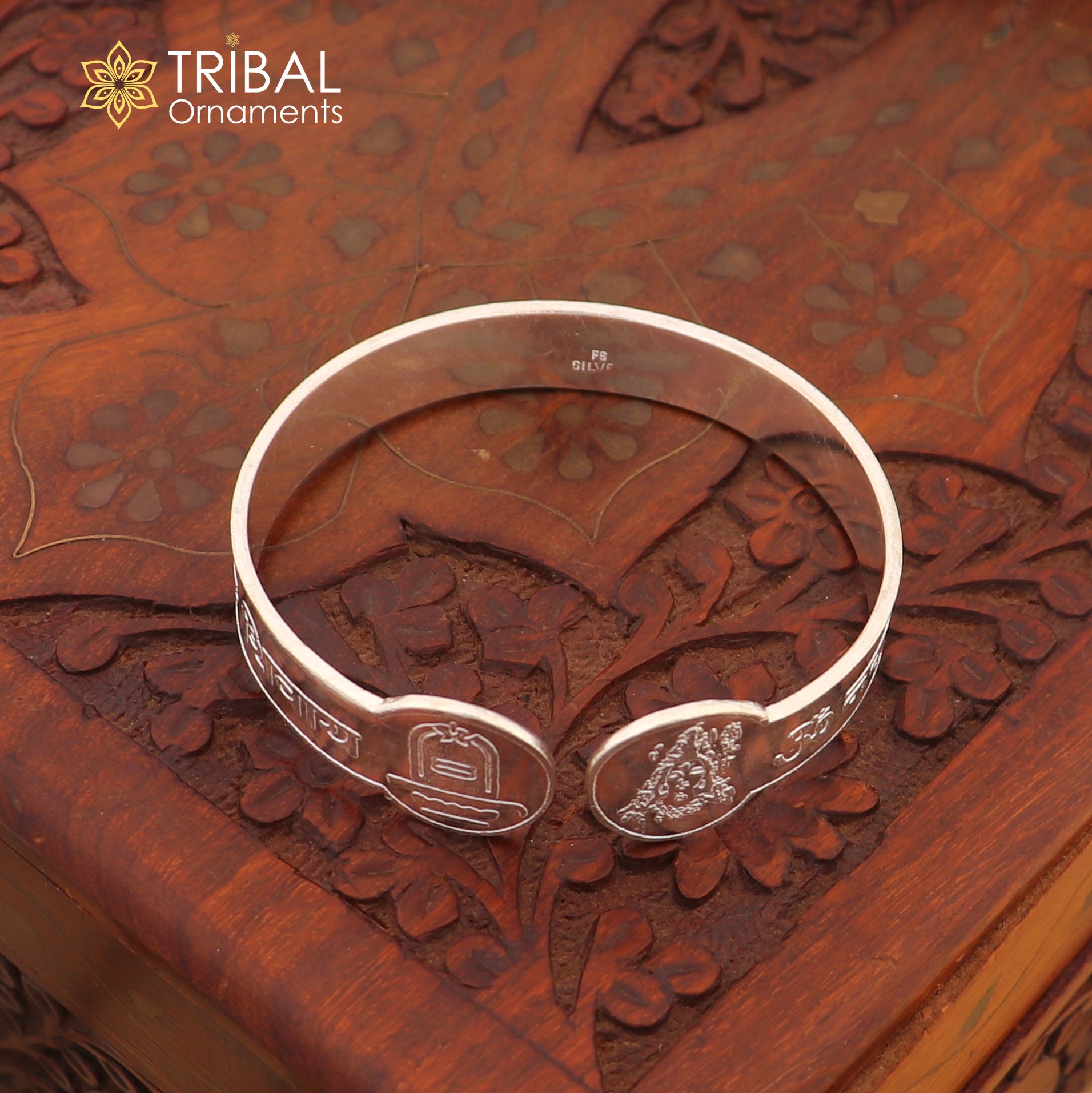 925 sterling silver Om Namah Shivay bangle cuff for unisex jewelry, featuring intricate tribal design and traditional Hindu symbol.