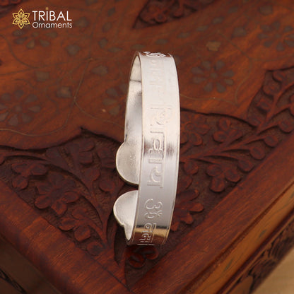 925 sterling silver Om Namah Shivay bangle cuff for unisex jewelry, featuring intricate tribal ornament design.