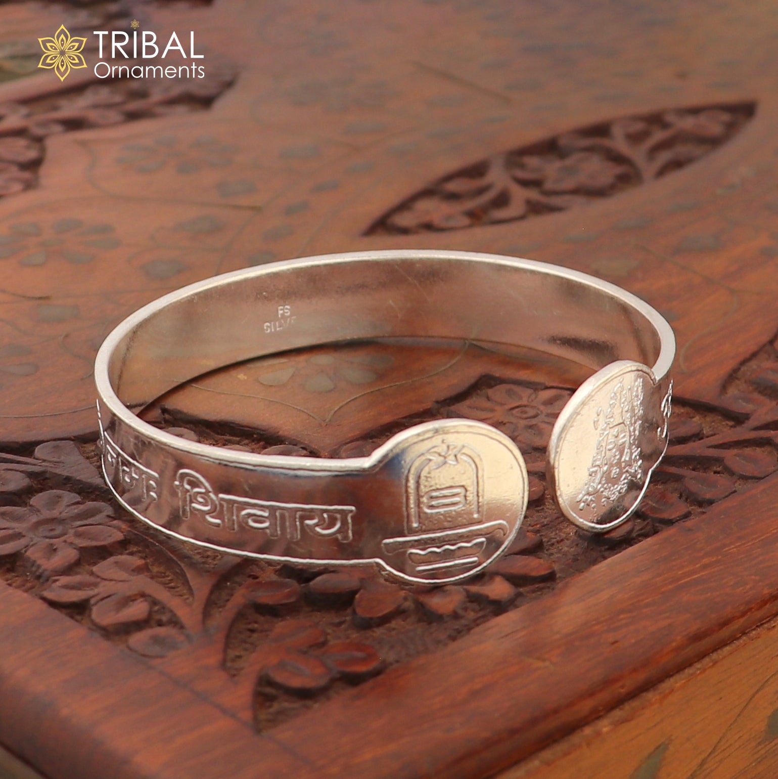 925 sterling silver Om Namah Shivay bangle cuff for unisex jewelry, featuring intricate tribal ornament design.