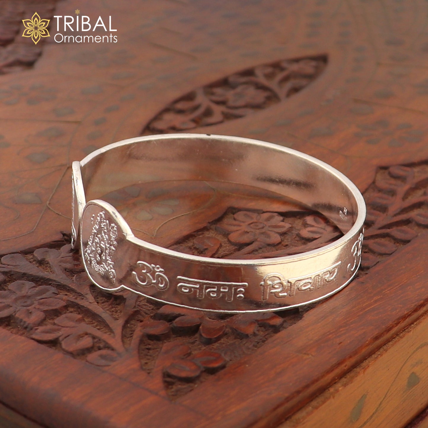 Unisex 925 sterling silver Om Namah Shivay bangle cuff bracelet with engraved Hindu mantra, tribal ornament design.
