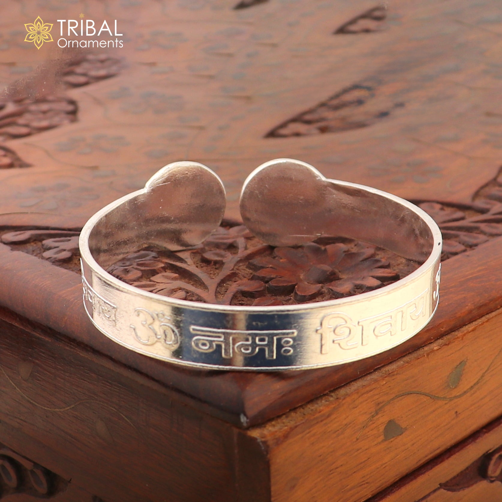 925 sterling silver Om Namah Shivay bangle cuff for unisex jewelry featuring intricate tribal design by TRIBAL ORNAMENTS