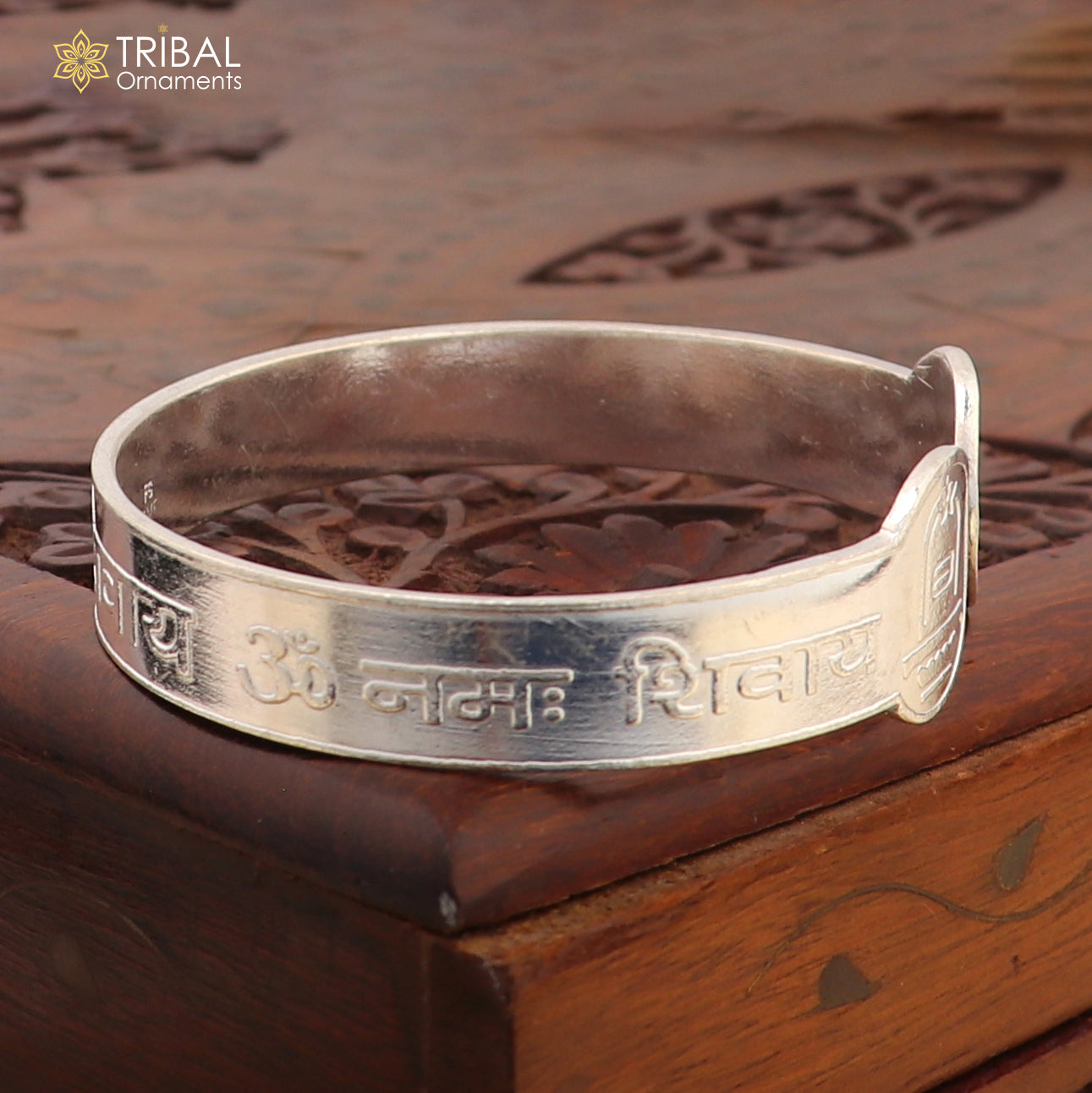 Sterling silver Om Namah Shivay unisex bangle cuff bracelet from Tribal Ornaments with intricate design.