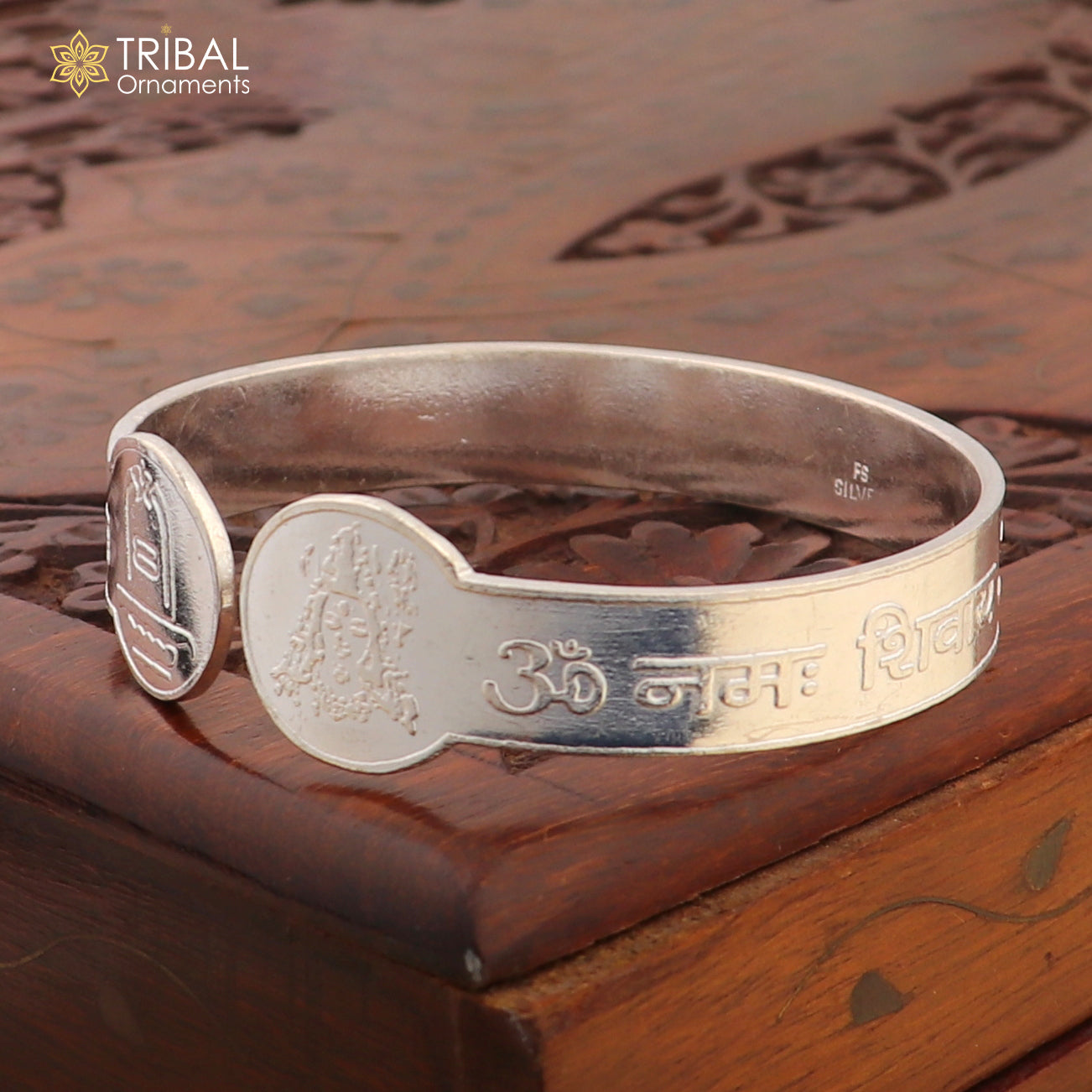 925 sterling silver Om Namah Shivay bangle cuff for unisex jewelry, featuring intricate tribal design and traditional motifs.