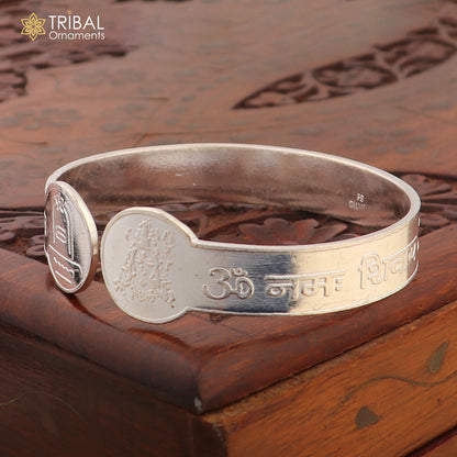 925 sterling silver Om Namah Shivay bangle cuff for unisex jewelry, featuring intricate tribal design and traditional motifs.