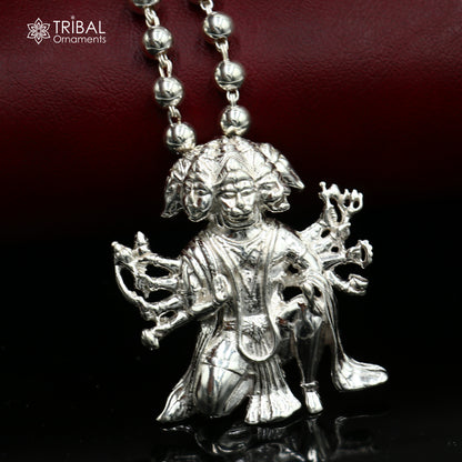 Sterling silver Panchmukhi Hanuman pendant from Tribal Ornaments, unisex jewelry featuring detailed Hanuman face design.