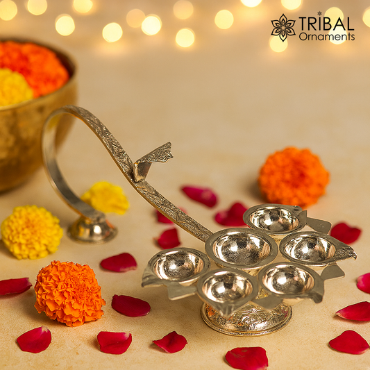 925 sterling silver Panchmukhi Lamp or  lampa arti deepak, best praying article for god or goddess temple article su754 - TRIBAL ORNAMENTS