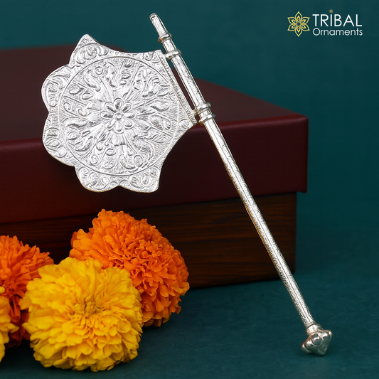 925 sterling silver pankhi, small fan or pankhi for god puja, best gifting to laddu gopala krishna, silver hand fan puja article su687 - TRIBAL ORNAMENTS